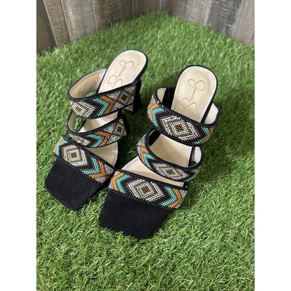 Jessica Simpson Shoes - Jessica Simpson Aztec‎ Beaded Heels Size 10M Black Square Toe Sandals